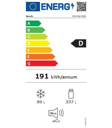 Bosch KGN36VWDA Serie 4, Frigorífico combinado de libre instalación, 186 x 60 cm, Blanco