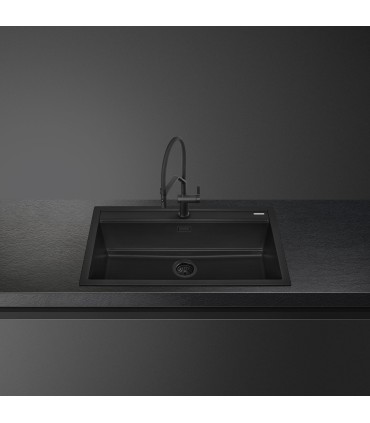 Smeg VSGX860MN Fregadero Granito Negro, 1 cubeta de 79,6 cm, Instalación Sobre Encimera