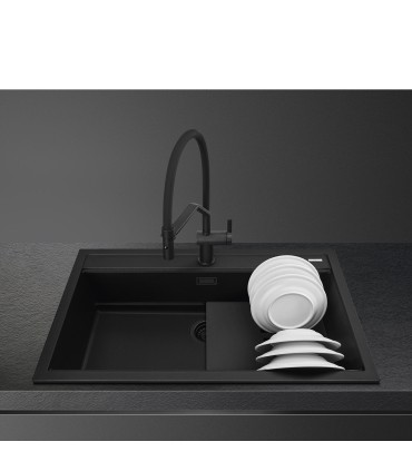 Smeg VSGX860MN Fregadero Granito Negro, 1 cubeta de 79,6 cm, Instalación Sobre Encimera