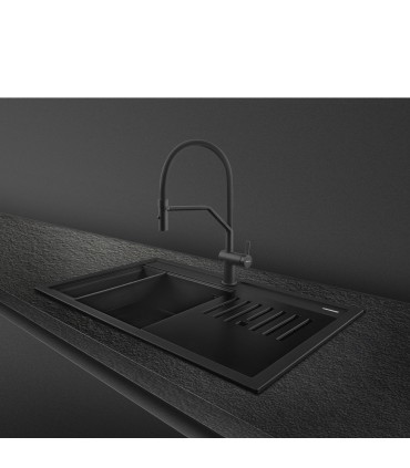 Smeg VSGX860MN Fregadero Granito Negro, 1 cubeta de 79,6 cm, Instalación Sobre Encimera