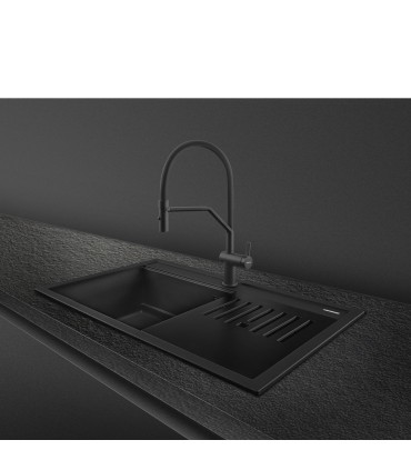 Smeg VSGX860MN Fregadero Granito Negro, 1 cubeta de 79,6 cm, Instalación Sobre Encimera
