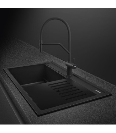 Smeg VSGX860MN Fregadero Granito Negro, 1 cubeta de 79,6 cm, Instalación Sobre Encimera
