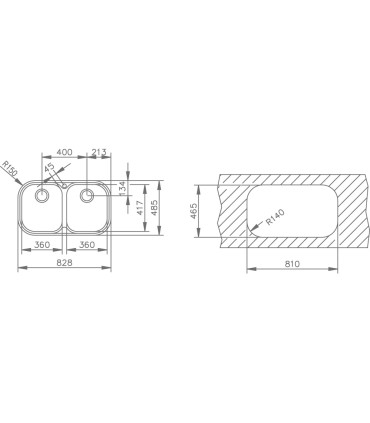 Teka Stylo 2C Fregadero 82,8 cm Sobre Encimera, 2 Cubetas de 36 cm, sin orificio, Acero inoxidable, Serie Total
